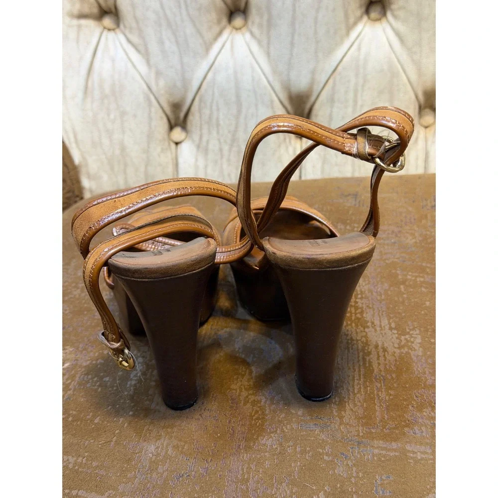 Gucci Tan Suede Patent Leather Platform Sandals Wood Block Heel 37.5